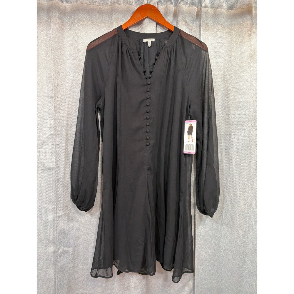 Joie Balloon Sleeve Mini Dress Caviar Black Sheer Button Front E6003CO NWT S